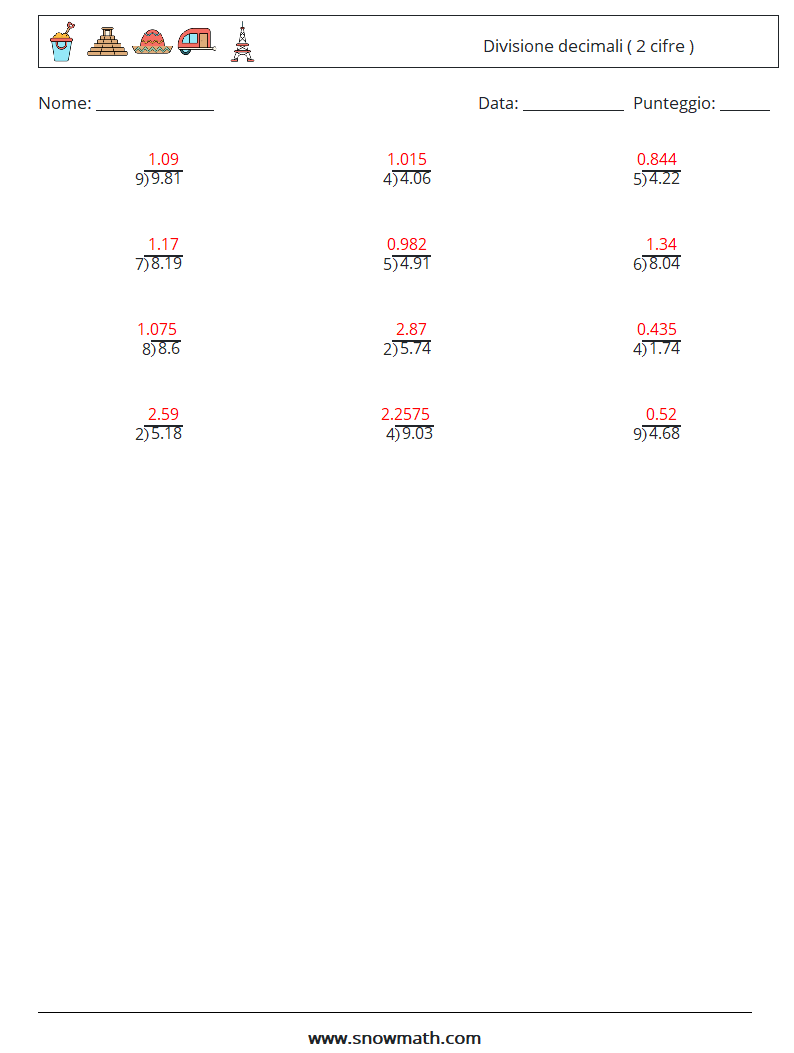 (12) Divisione decimali ( 2 cifre ) Fogli di lavoro di matematica 10 Domanda, Risposta