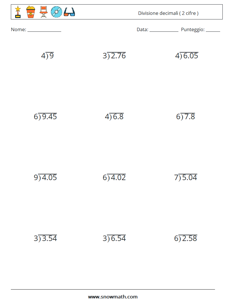 (12) Divisione decimali ( 2 cifre ) Fogli di lavoro di matematica 11