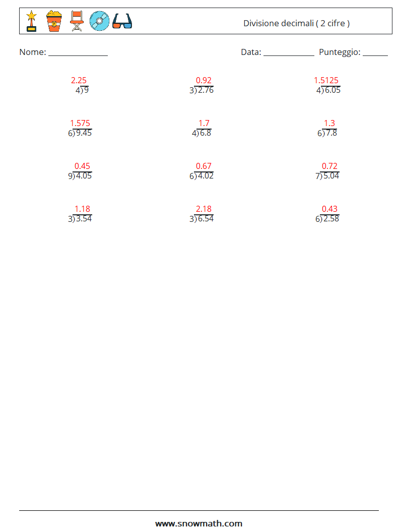 (12) Divisione decimali ( 2 cifre ) Fogli di lavoro di matematica 11 Domanda, Risposta