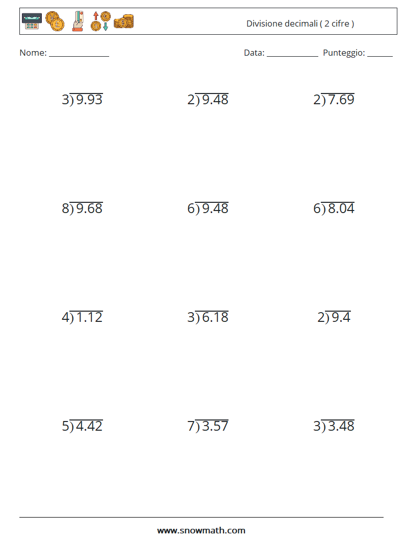 (12) Divisione decimali ( 2 cifre ) Fogli di lavoro di matematica 14