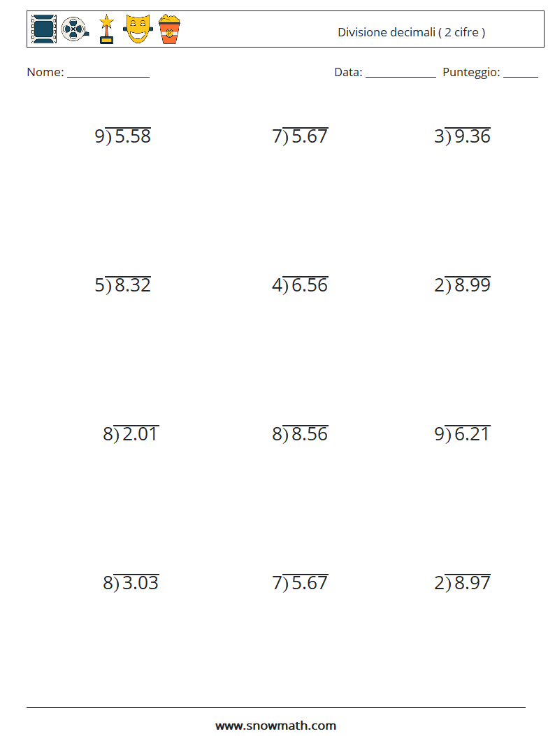(12) Divisione decimali ( 2 cifre ) Fogli di lavoro di matematica 15