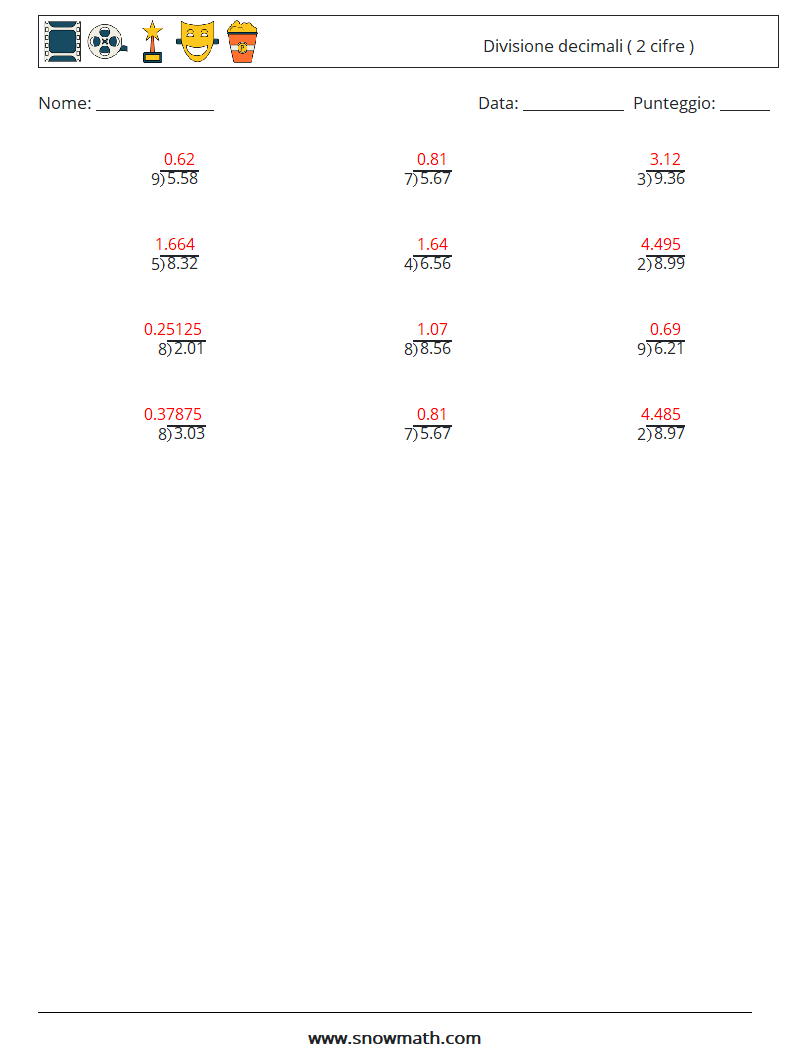 (12) Divisione decimali ( 2 cifre ) Fogli di lavoro di matematica 15 Domanda, Risposta