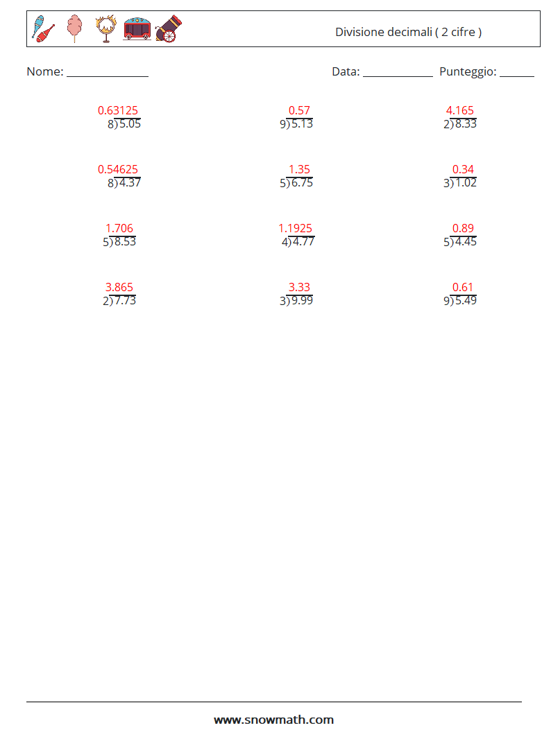 (12) Divisione decimali ( 2 cifre ) Fogli di lavoro di matematica 16 Domanda, Risposta