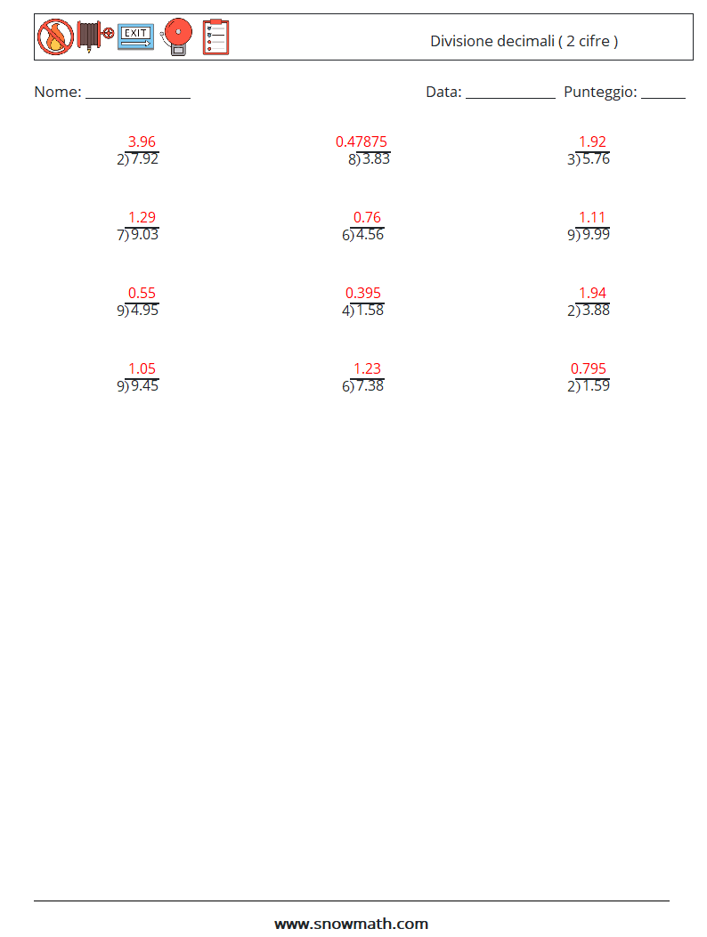 (12) Divisione decimali ( 2 cifre ) Fogli di lavoro di matematica 17 Domanda, Risposta