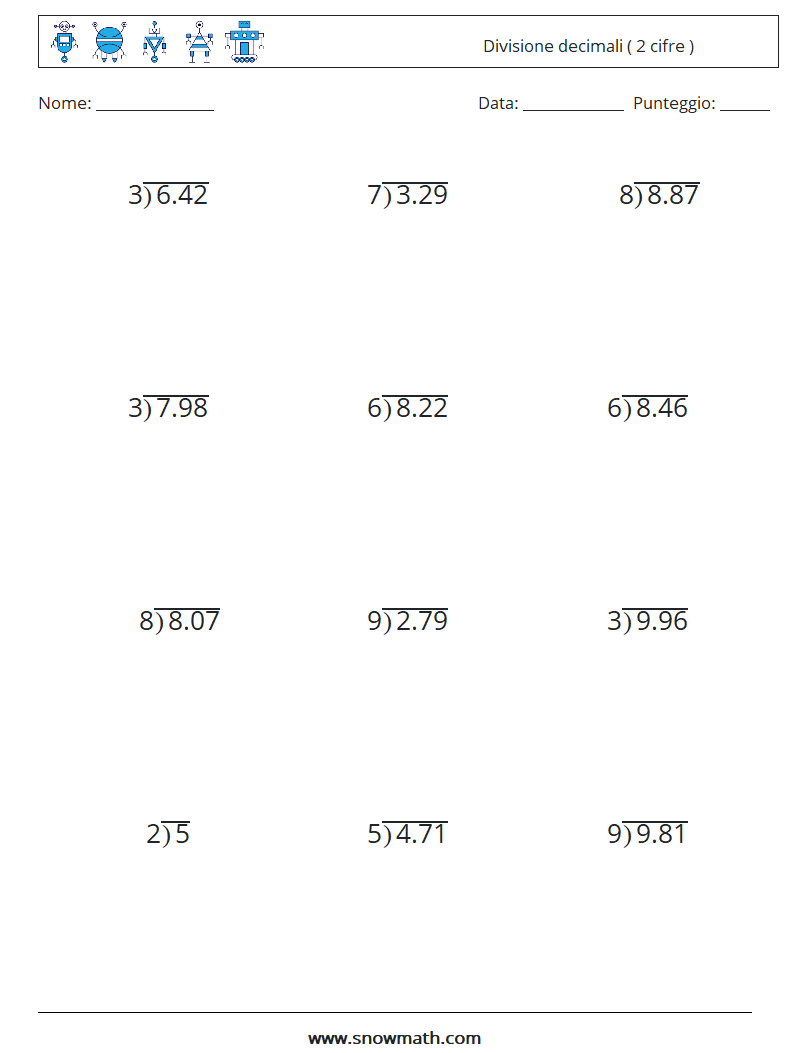 (12) Divisione decimali ( 2 cifre ) Fogli di lavoro di matematica 18