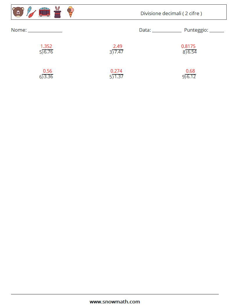 (12) Divisione decimali ( 2 cifre ) Fogli di lavoro di matematica 1 Domanda, Risposta