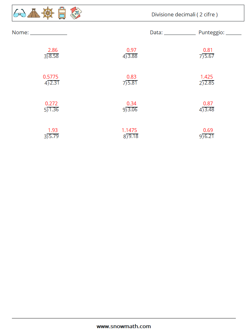 (12) Divisione decimali ( 2 cifre ) Fogli di lavoro di matematica 2 Domanda, Risposta