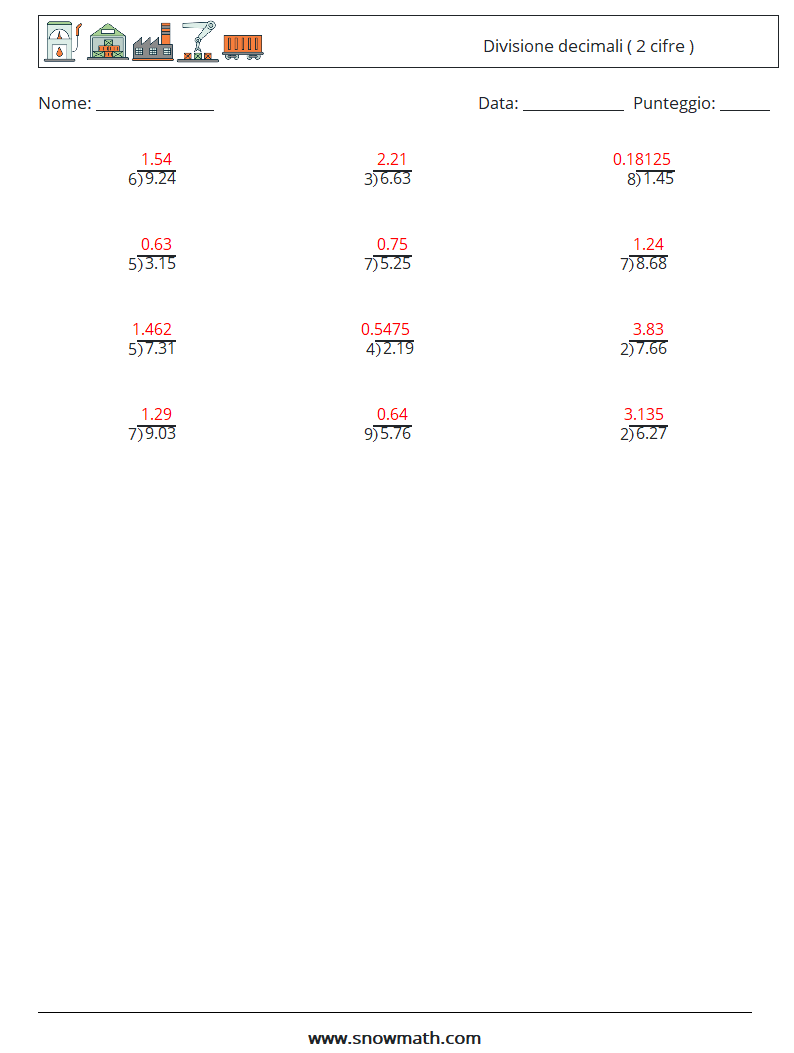 (12) Divisione decimali ( 2 cifre ) Fogli di lavoro di matematica 3 Domanda, Risposta