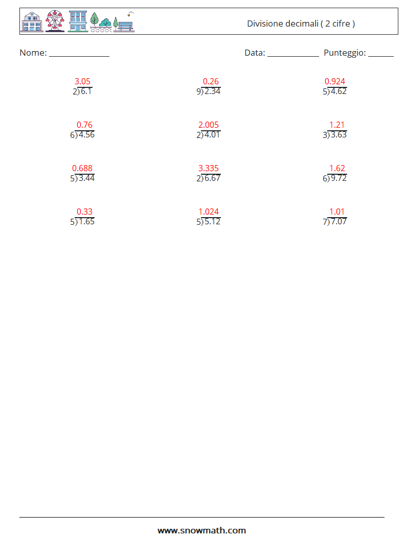 (12) Divisione decimali ( 2 cifre ) Fogli di lavoro di matematica 4 Domanda, Risposta