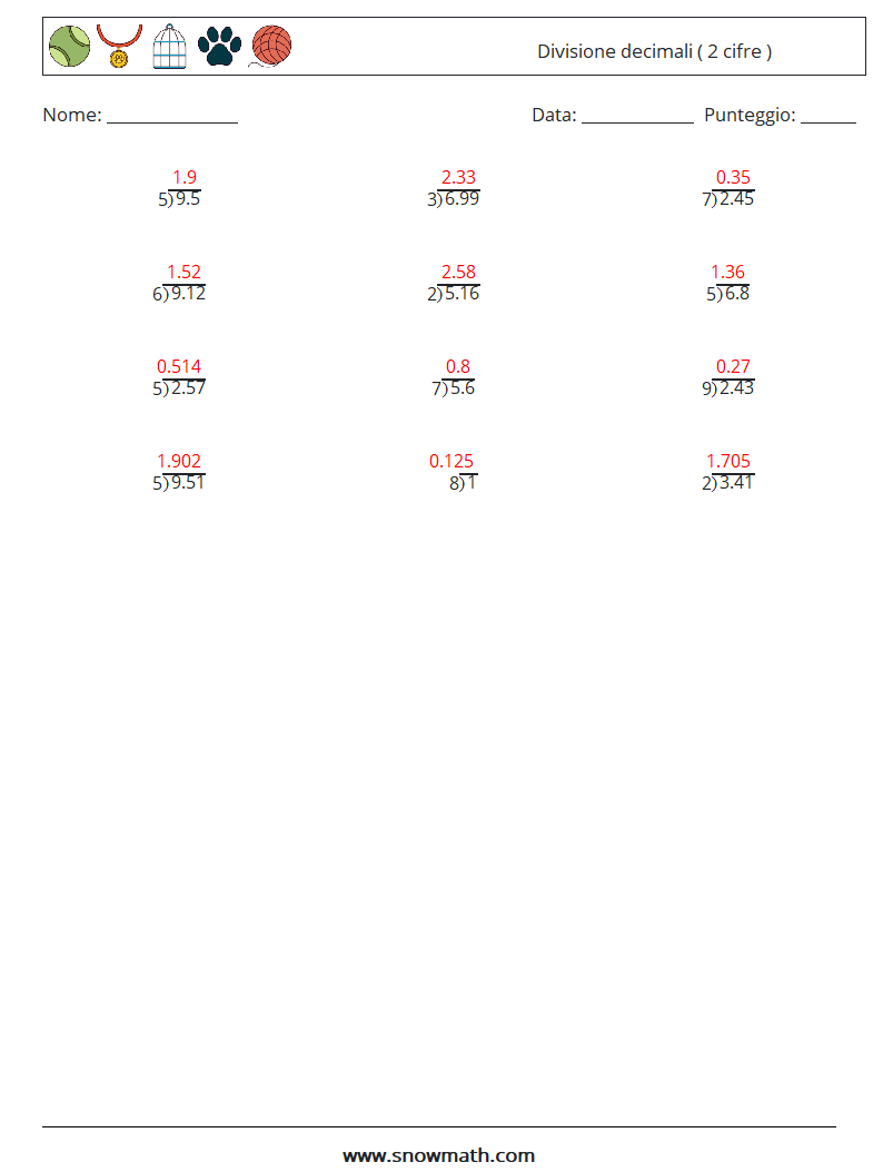 (12) Divisione decimali ( 2 cifre ) Fogli di lavoro di matematica 5 Domanda, Risposta