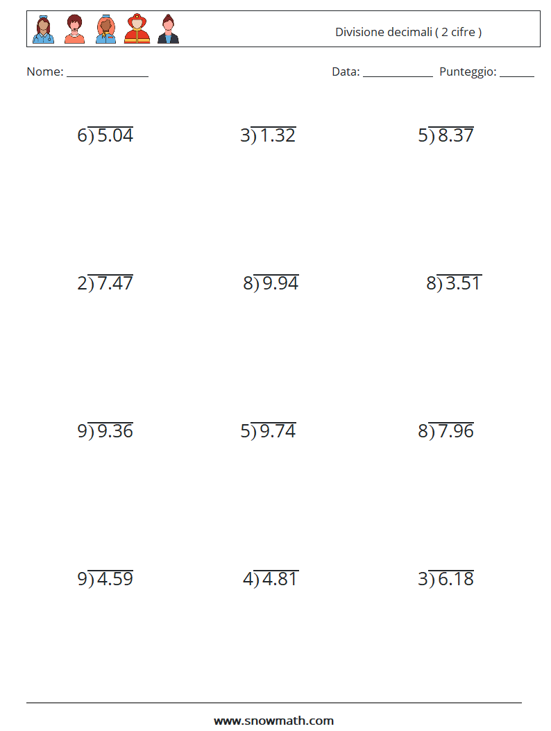(12) Divisione decimali ( 2 cifre ) Fogli di lavoro di matematica 6