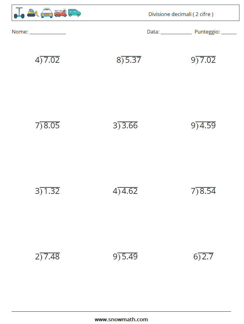 (12) Divisione decimali ( 2 cifre ) Fogli di lavoro di matematica 7