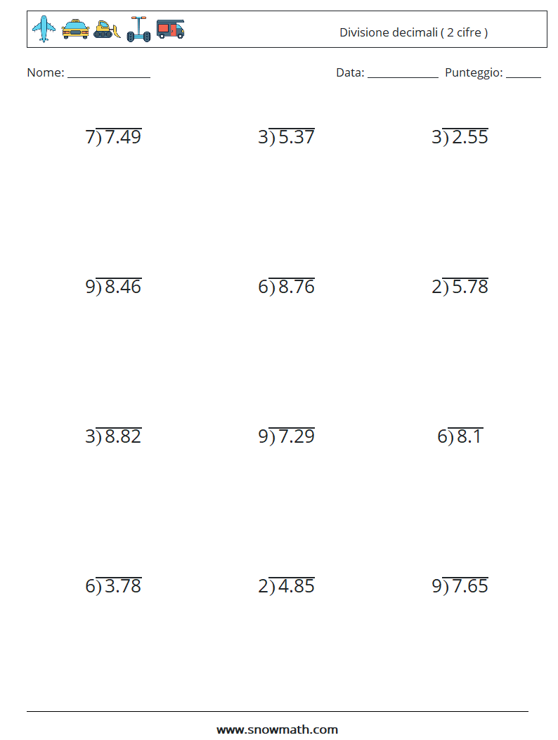 (12) Divisione decimali ( 2 cifre ) Fogli di lavoro di matematica 8