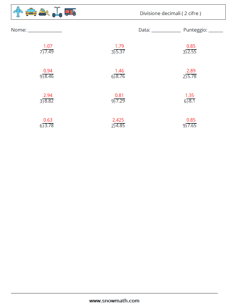 (12) Divisione decimali ( 2 cifre ) Fogli di lavoro di matematica 8 Domanda, Risposta