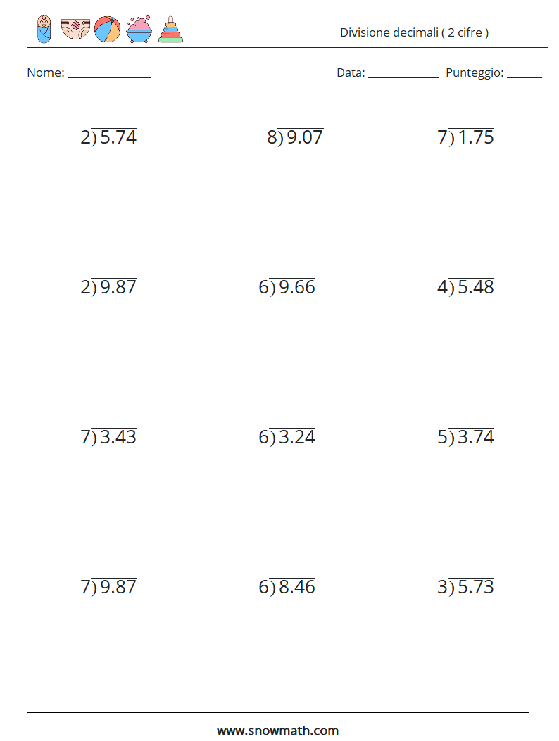 (12) Divisione decimali ( 2 cifre ) Fogli di lavoro di matematica 9