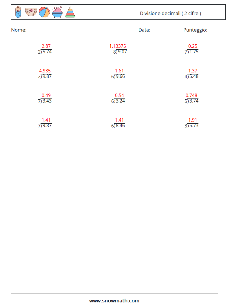 (12) Divisione decimali ( 2 cifre ) Fogli di lavoro di matematica 9 Domanda, Risposta