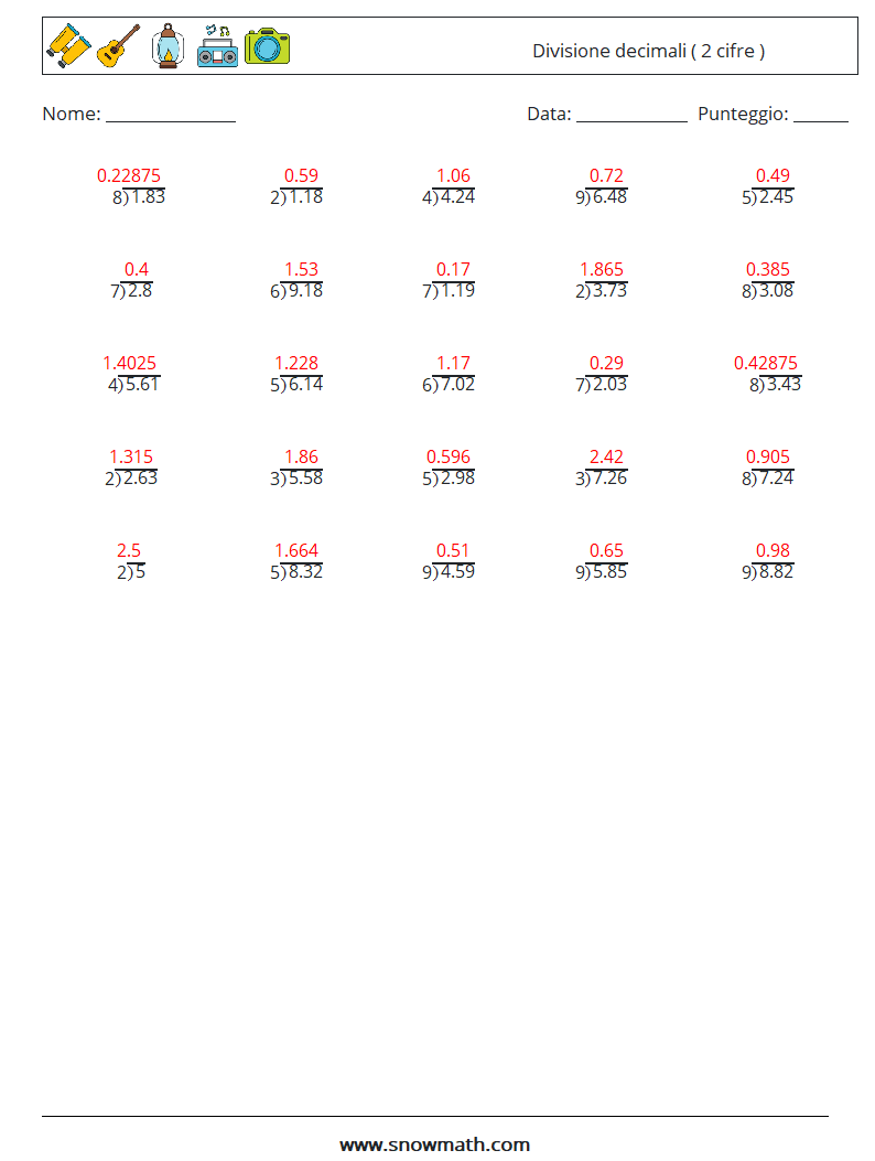 (25) Divisione decimali ( 2 cifre ) Fogli di lavoro di matematica 10 Domanda, Risposta