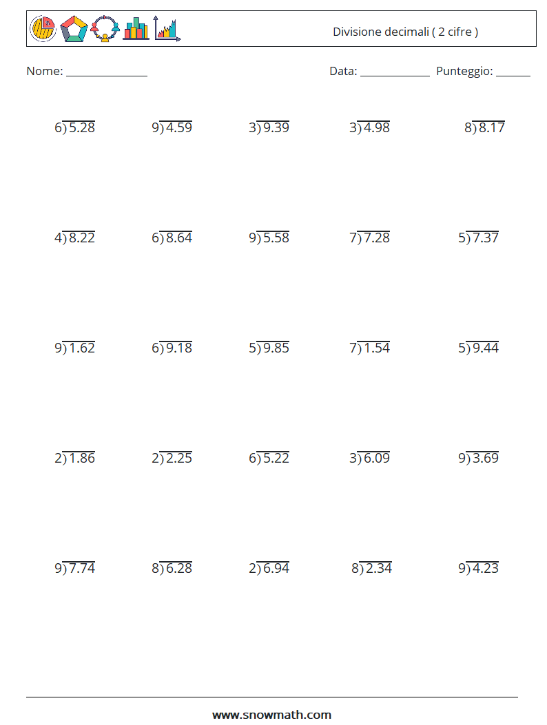 (25) Divisione decimali ( 2 cifre ) Fogli di lavoro di matematica 11