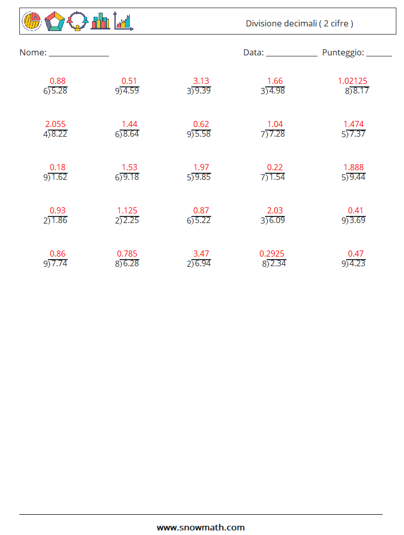 (25) Divisione decimali ( 2 cifre ) Fogli di lavoro di matematica 11 Domanda, Risposta