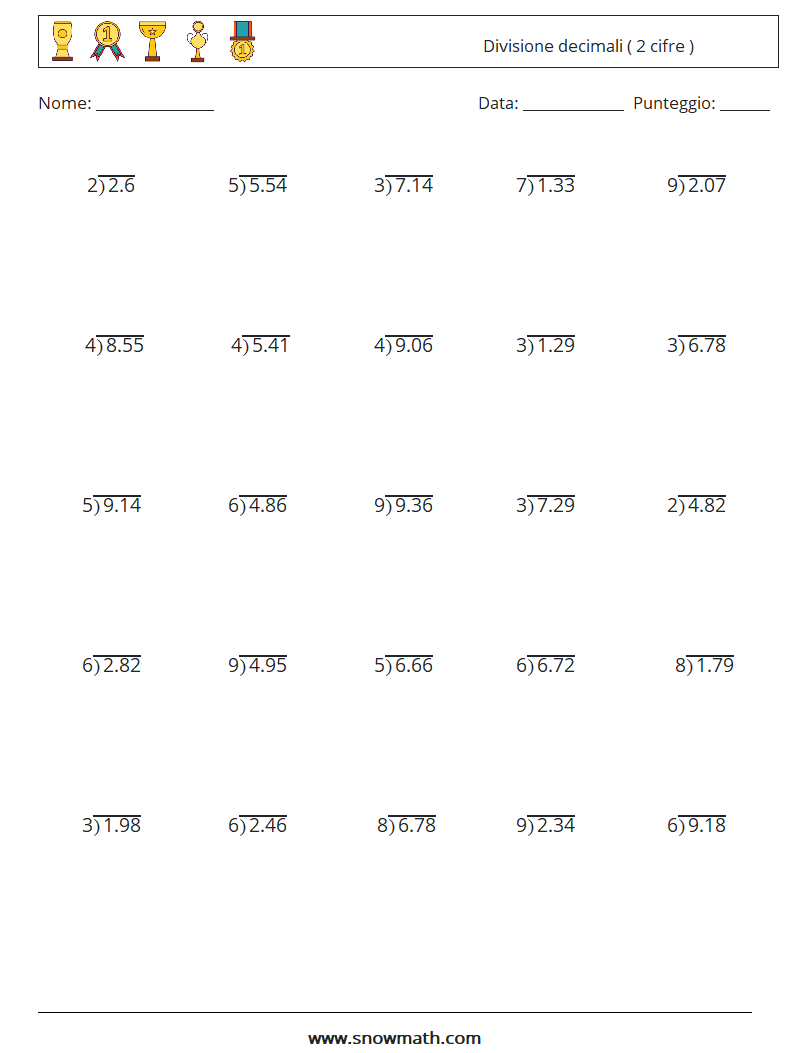 (25) Divisione decimali ( 2 cifre ) Fogli di lavoro di matematica 12