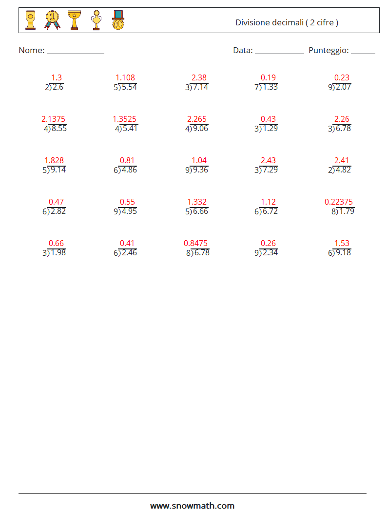 (25) Divisione decimali ( 2 cifre ) Fogli di lavoro di matematica 12 Domanda, Risposta