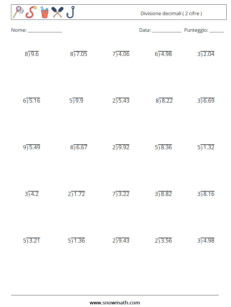 (25) Divisione decimali ( 2 cifre ) Fogli di lavoro di matematica 13