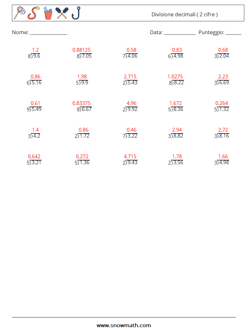 (25) Divisione decimali ( 2 cifre ) Fogli di lavoro di matematica 13 Domanda, Risposta