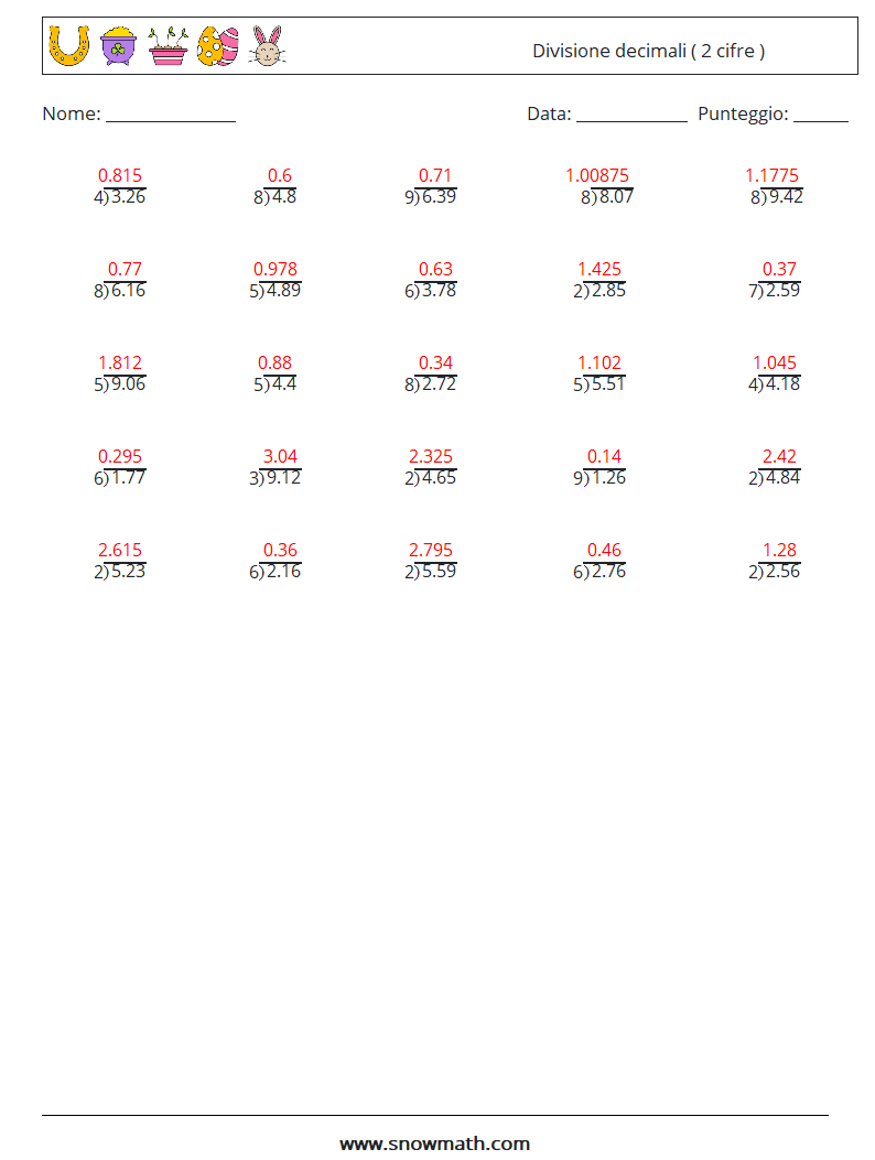 (25) Divisione decimali ( 2 cifre ) Fogli di lavoro di matematica 14 Domanda, Risposta