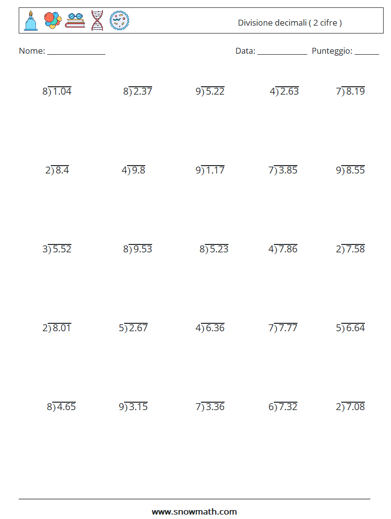 (25) Divisione decimali ( 2 cifre ) Fogli di lavoro di matematica 15