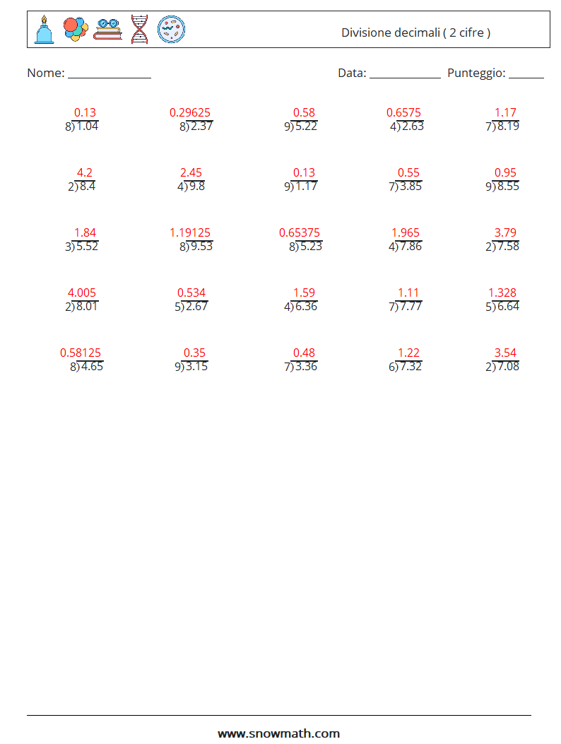 (25) Divisione decimali ( 2 cifre ) Fogli di lavoro di matematica 15 Domanda, Risposta