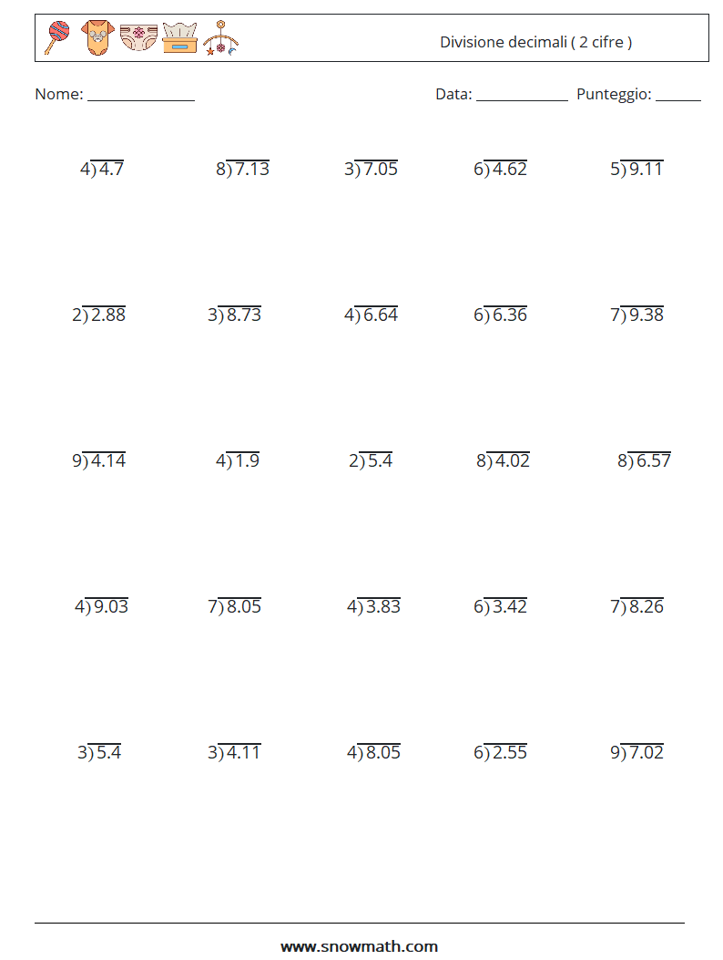 (25) Divisione decimali ( 2 cifre ) Fogli di lavoro di matematica 16