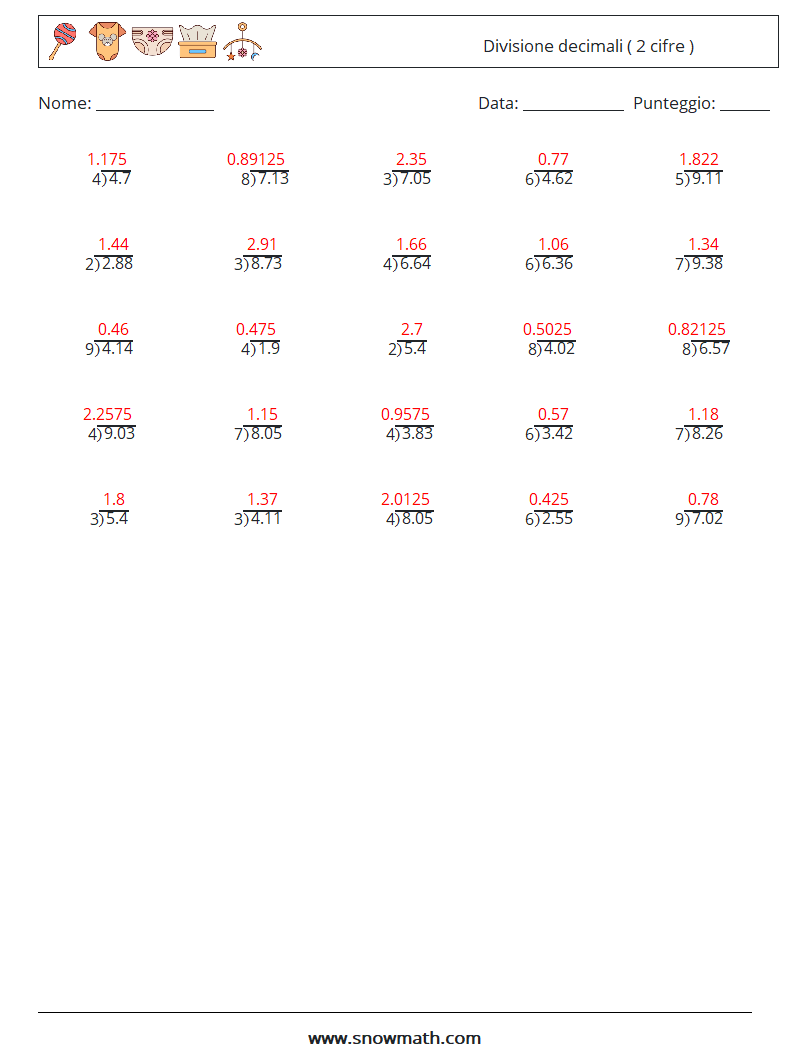 (25) Divisione decimali ( 2 cifre ) Fogli di lavoro di matematica 16 Domanda, Risposta