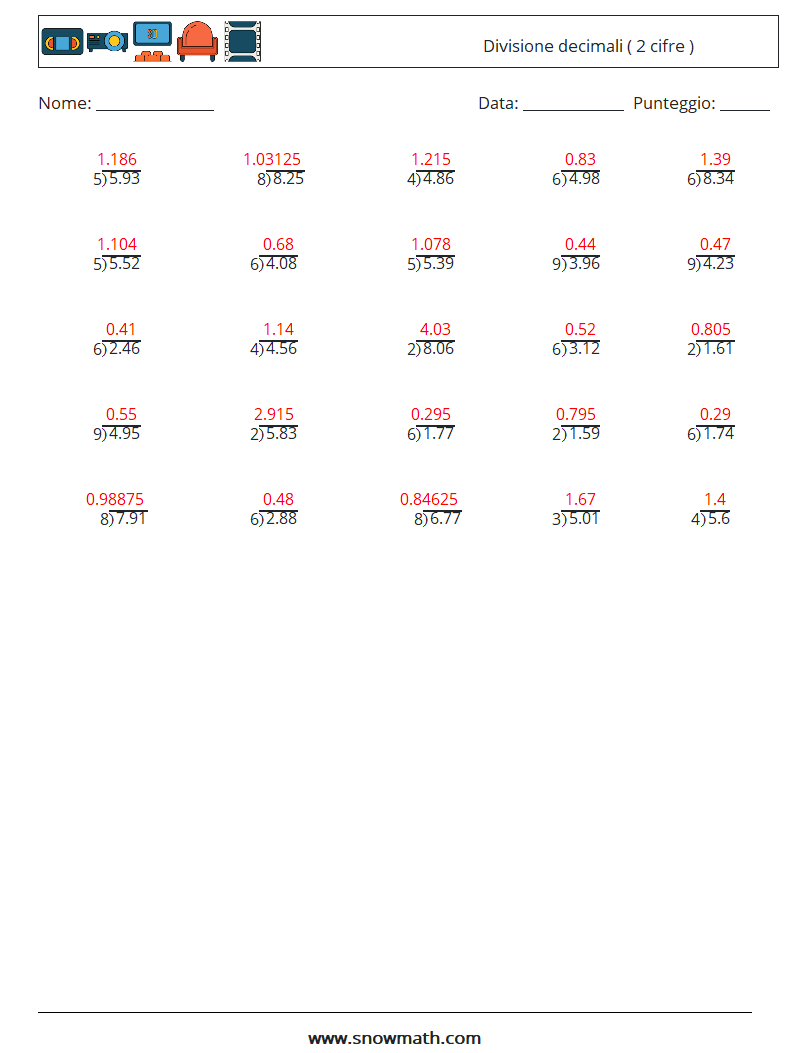 (25) Divisione decimali ( 2 cifre ) Fogli di lavoro di matematica 17 Domanda, Risposta