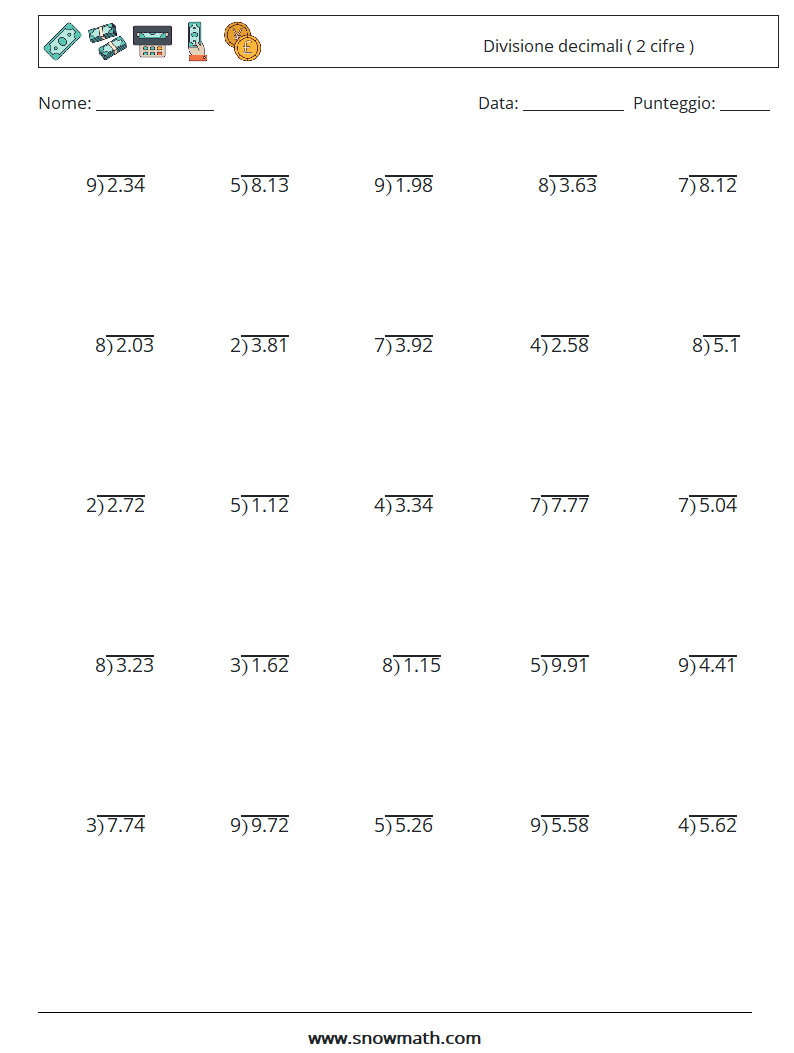 (25) Divisione decimali ( 2 cifre ) Fogli di lavoro di matematica 18