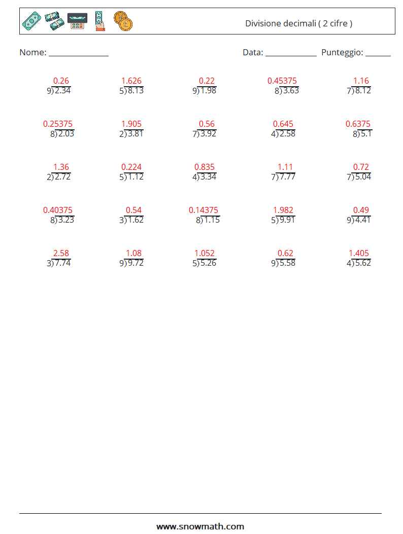(25) Divisione decimali ( 2 cifre ) Fogli di lavoro di matematica 18 Domanda, Risposta