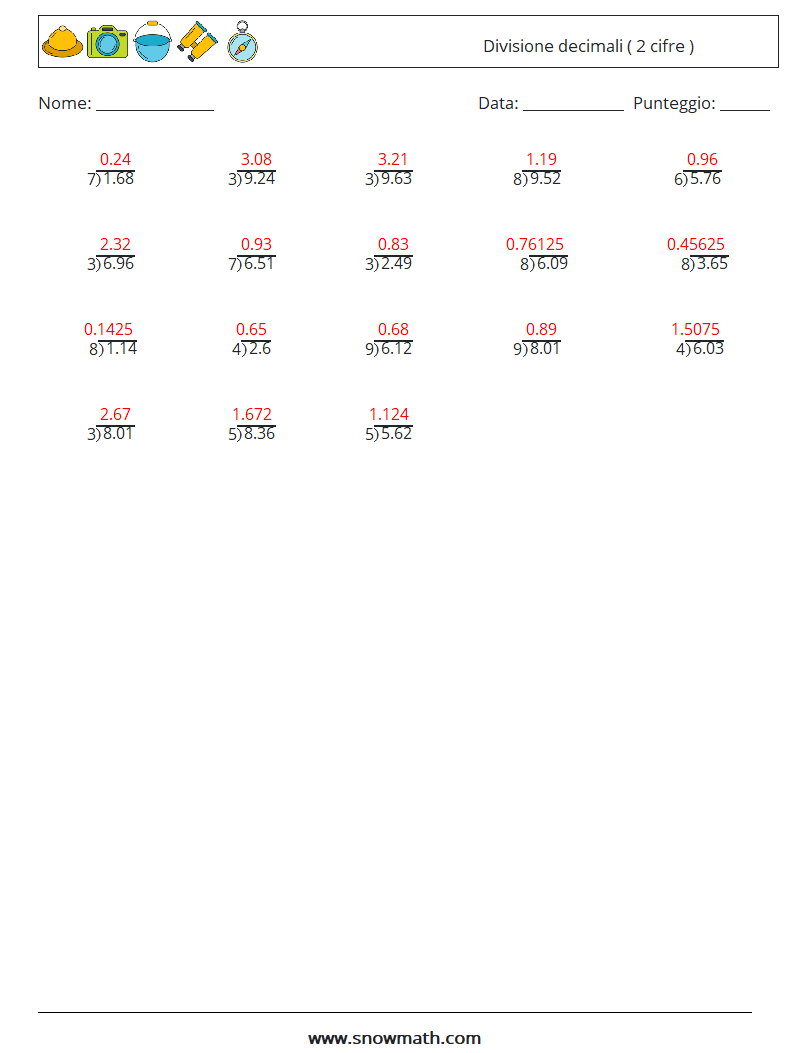 (25) Divisione decimali ( 2 cifre ) Fogli di lavoro di matematica 2 Domanda, Risposta