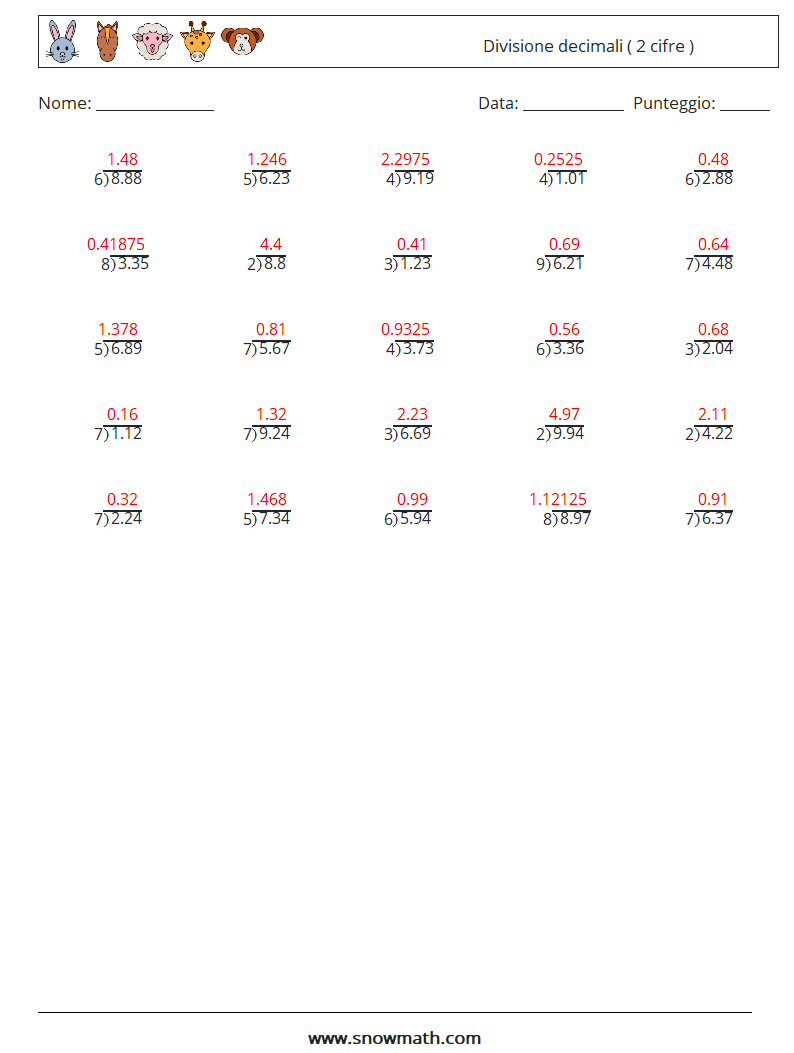 (25) Divisione decimali ( 2 cifre ) Fogli di lavoro di matematica 3 Domanda, Risposta