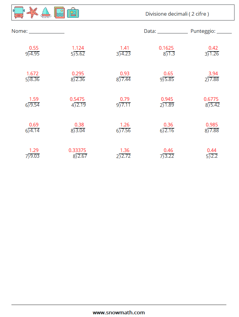 (25) Divisione decimali ( 2 cifre ) Fogli di lavoro di matematica 4 Domanda, Risposta