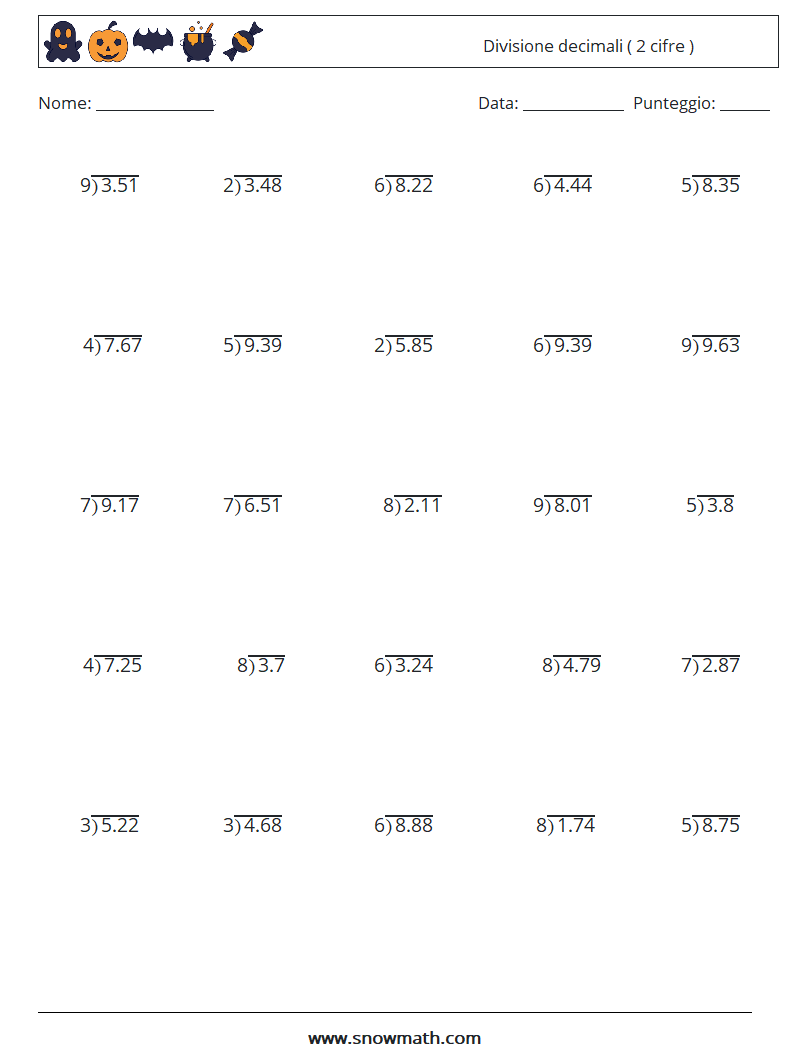 (25) Divisione decimali ( 2 cifre ) Fogli di lavoro di matematica 5