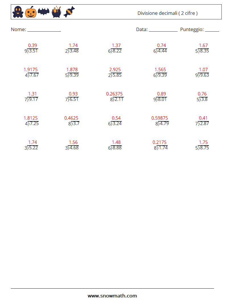 (25) Divisione decimali ( 2 cifre ) Fogli di lavoro di matematica 5 Domanda, Risposta
