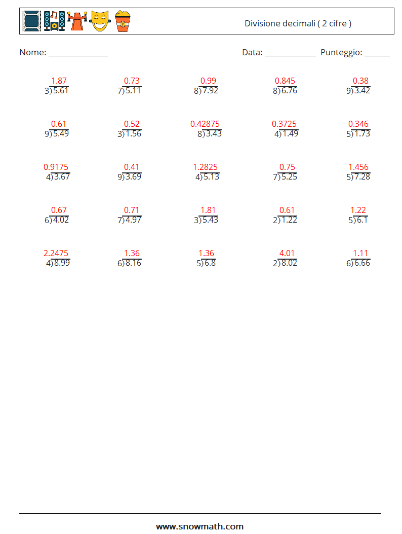 (25) Divisione decimali ( 2 cifre ) Fogli di lavoro di matematica 6 Domanda, Risposta