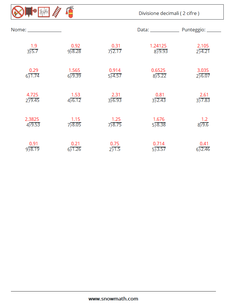 (25) Divisione decimali ( 2 cifre ) Fogli di lavoro di matematica 7 Domanda, Risposta