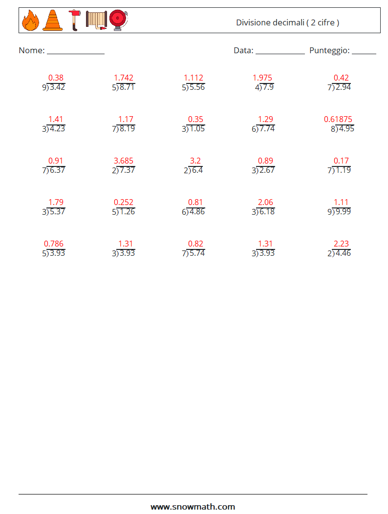(25) Divisione decimali ( 2 cifre ) Fogli di lavoro di matematica 8 Domanda, Risposta