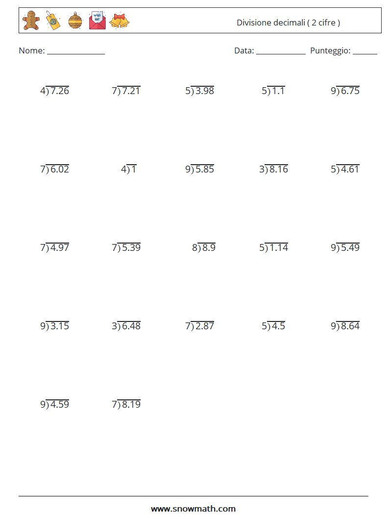 (25) Divisione decimali ( 2 cifre ) Fogli di lavoro di matematica 9