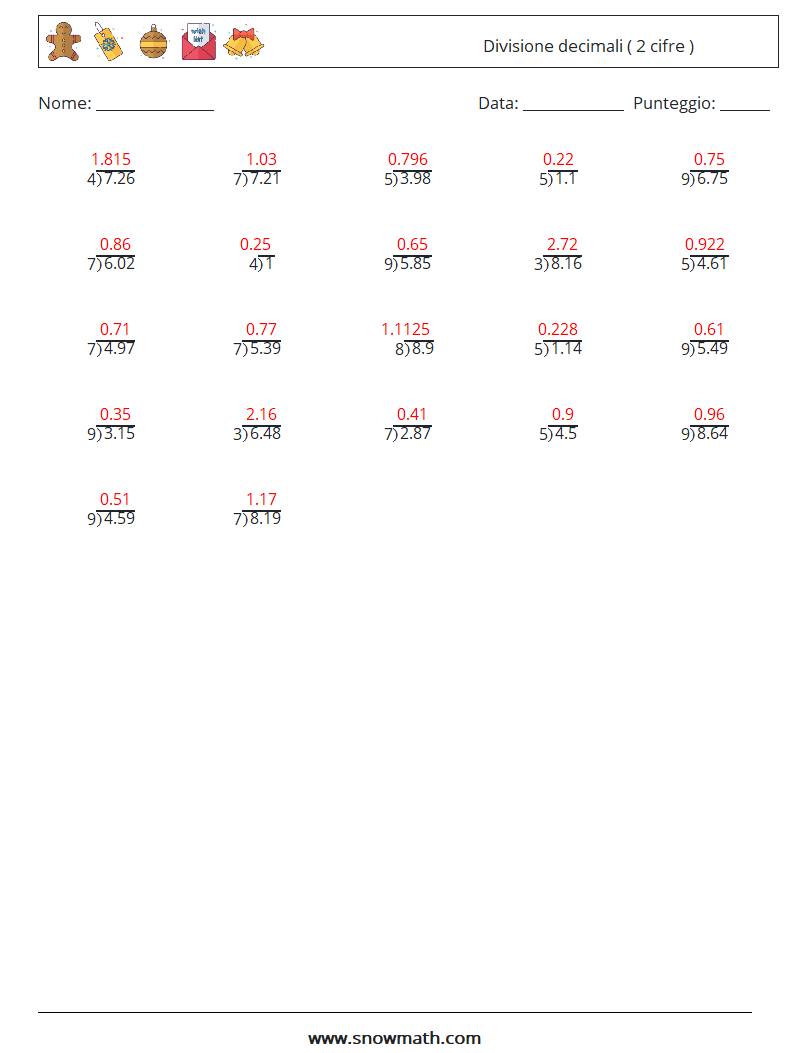 (25) Divisione decimali ( 2 cifre ) Fogli di lavoro di matematica 9 Domanda, Risposta