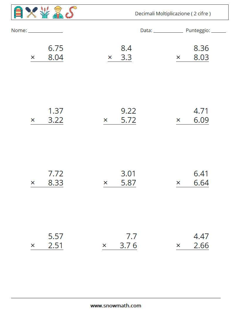 (12) Decimali Moltiplicazione ( 2 cifre ) Fogli di lavoro di matematica 1