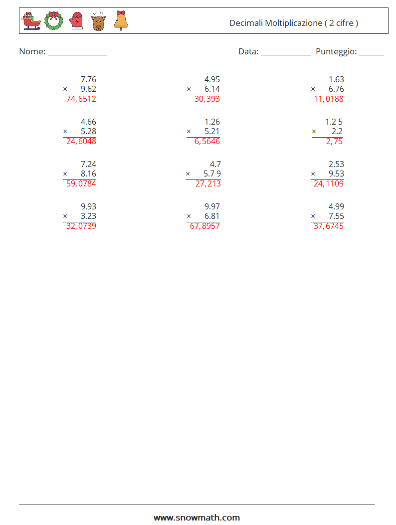 (12) Decimali Moltiplicazione ( 2 cifre ) Fogli di lavoro di matematica 10 Domanda, Risposta