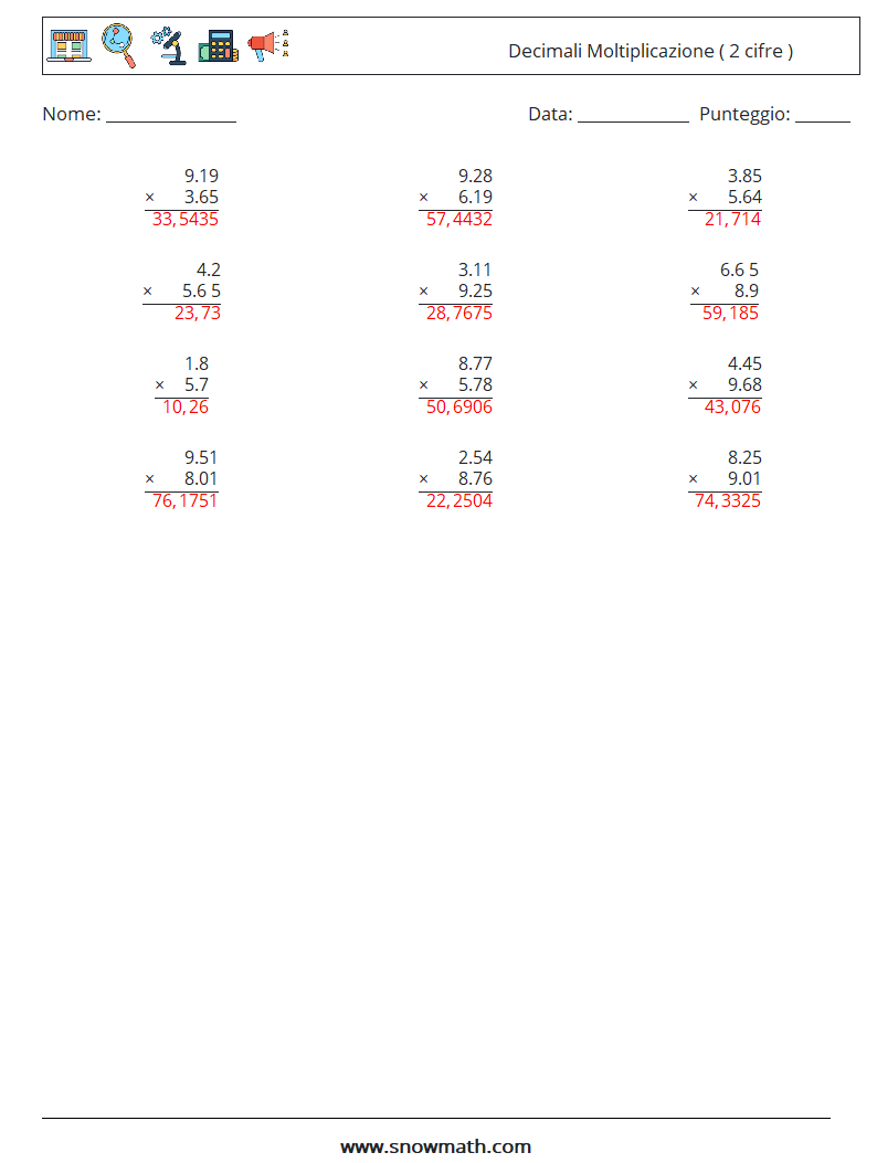 (12) Decimali Moltiplicazione ( 2 cifre ) Fogli di lavoro di matematica 11 Domanda, Risposta