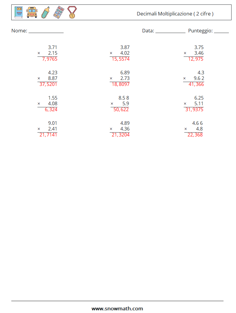 (12) Decimali Moltiplicazione ( 2 cifre ) Fogli di lavoro di matematica 12 Domanda, Risposta