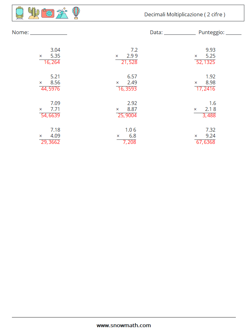 (12) Decimali Moltiplicazione ( 2 cifre ) Fogli di lavoro di matematica 17 Domanda, Risposta